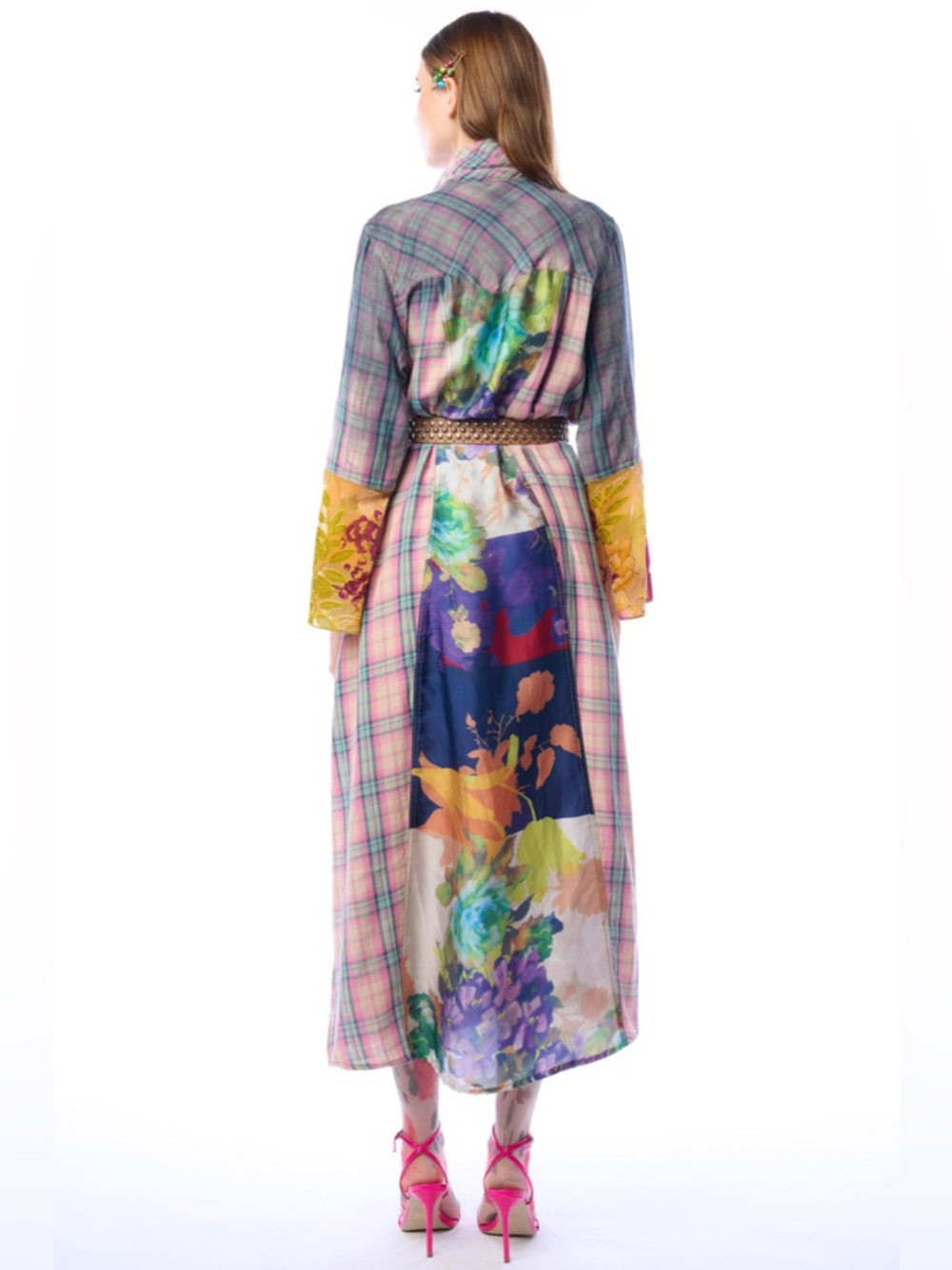 Aratta Kaitlin Maxi Duster | Velvet Silk Botanical Plaid Duster Dress